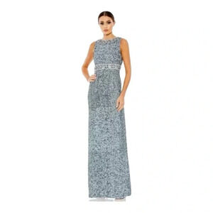 NEW Mac Duggal Slate Blue Fully Beaded Sequin Floral Neckline Gown NWT Size 16